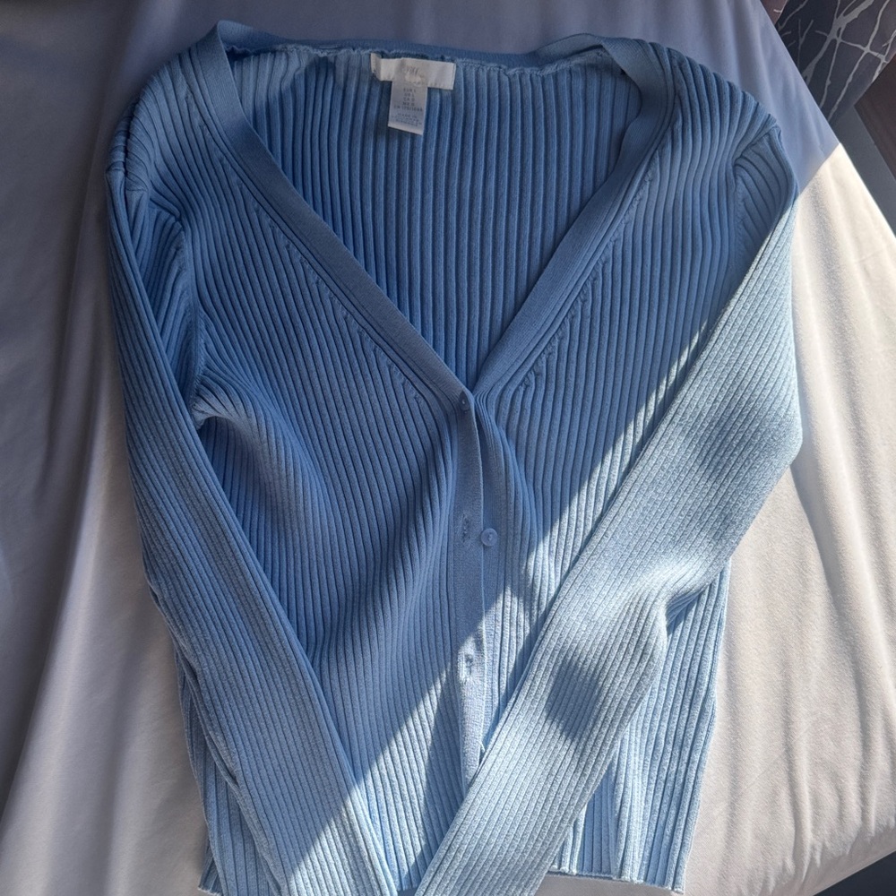 H&M Sky Blue Ribbed V-Neck Button Cardigan